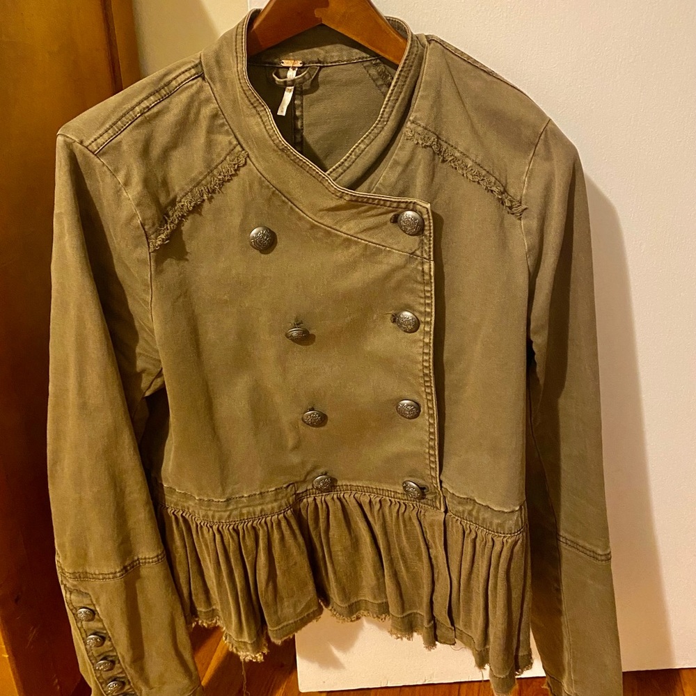 Free People Olive Ruffle Military Jacket. Excellent condition!